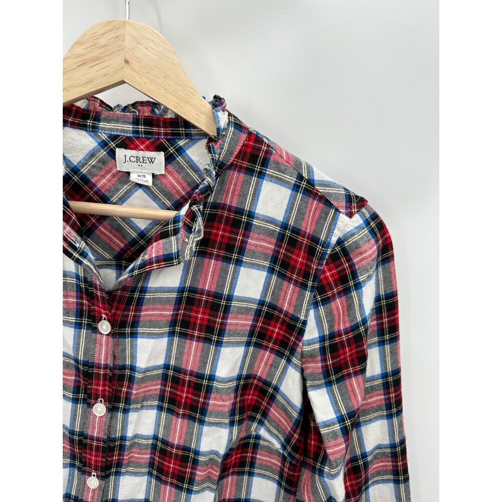 J.Crew‎ Factory Plaid Button Front Shirt Women Sz XS Ruffle Preppy Holiday Party - Picture 4 of 8